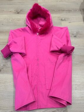 ' Bright Pink Hooded Coat with Faux Fur Trim